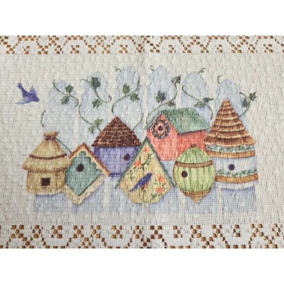 Lace Table Runner Birdhouses Spring Cottage 36.5x14 White Doily Decor Coquette - Picture 2 of 8